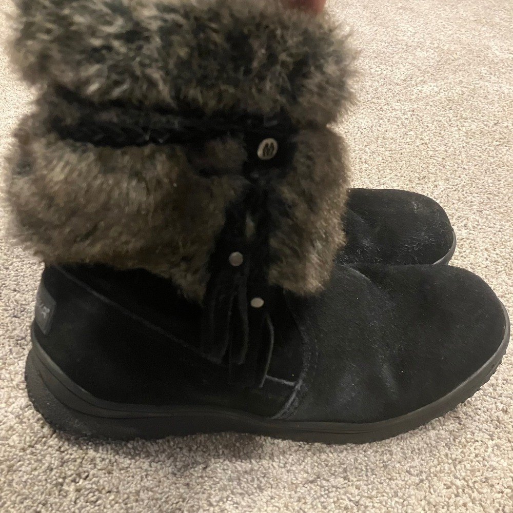 Minnetonka Black Suede Faux Fur Trim Winter Mid Calf Boots Women Size 9M Nordic